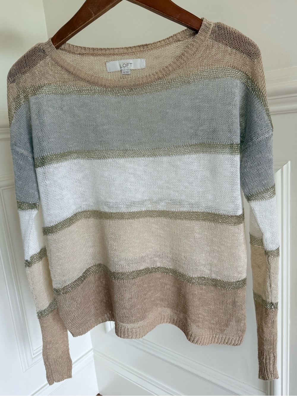 Women Sweater Pullover Knit Sweater Top Color block Tan Metallic Gold Size XS
